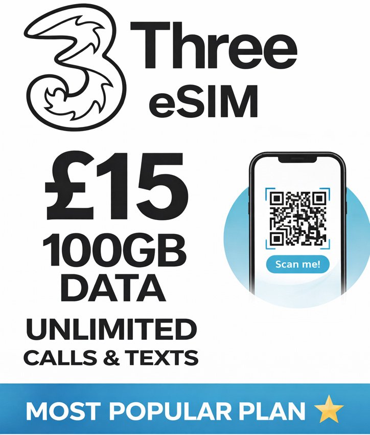 Three UK eSIM £15 – 100GB Data | Unlimited Calls & Texts | Most Popular Plan
