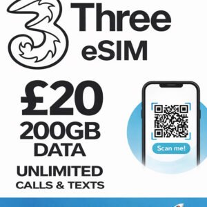 Three UK eSIM £20 – 200GB Data | Unlimited Calls & Texts | High Data Plan