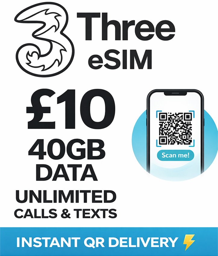Three UK eSIM £10 – 40GB Data | Instant Activation | Unlimited Calls & Texts
