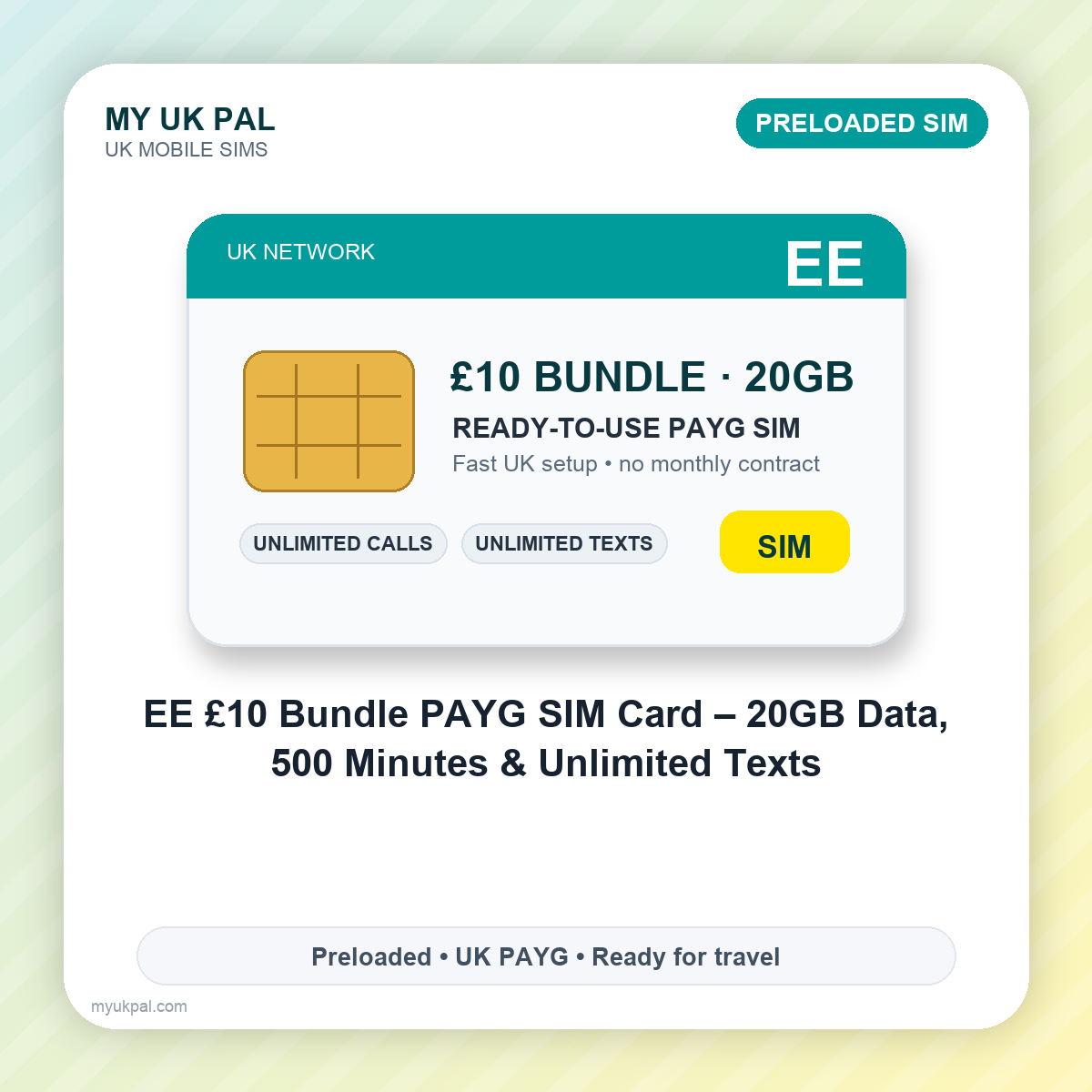 EE £10 PAYG SIM Bundle - 20GB Data, 500 UK Minutes & Unlimited Texts