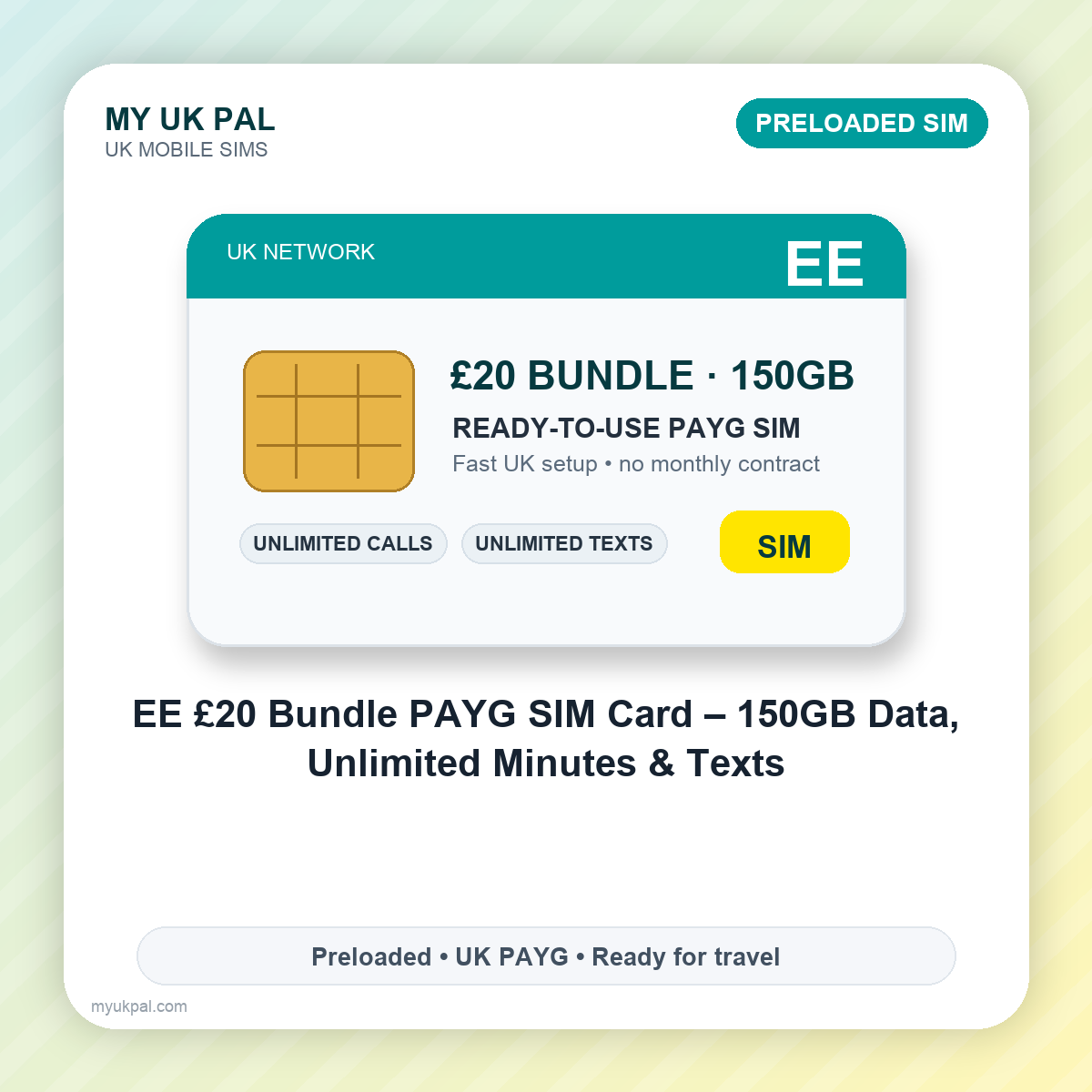 EE £20 Bundle Pay As You Go SIM Card – 150GB Data, Unlimited Minutes & Texts