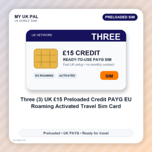 Three (3) UK £15 Preloaded Credit Pay As You Go EU Roaming Activated Travel Sim Card