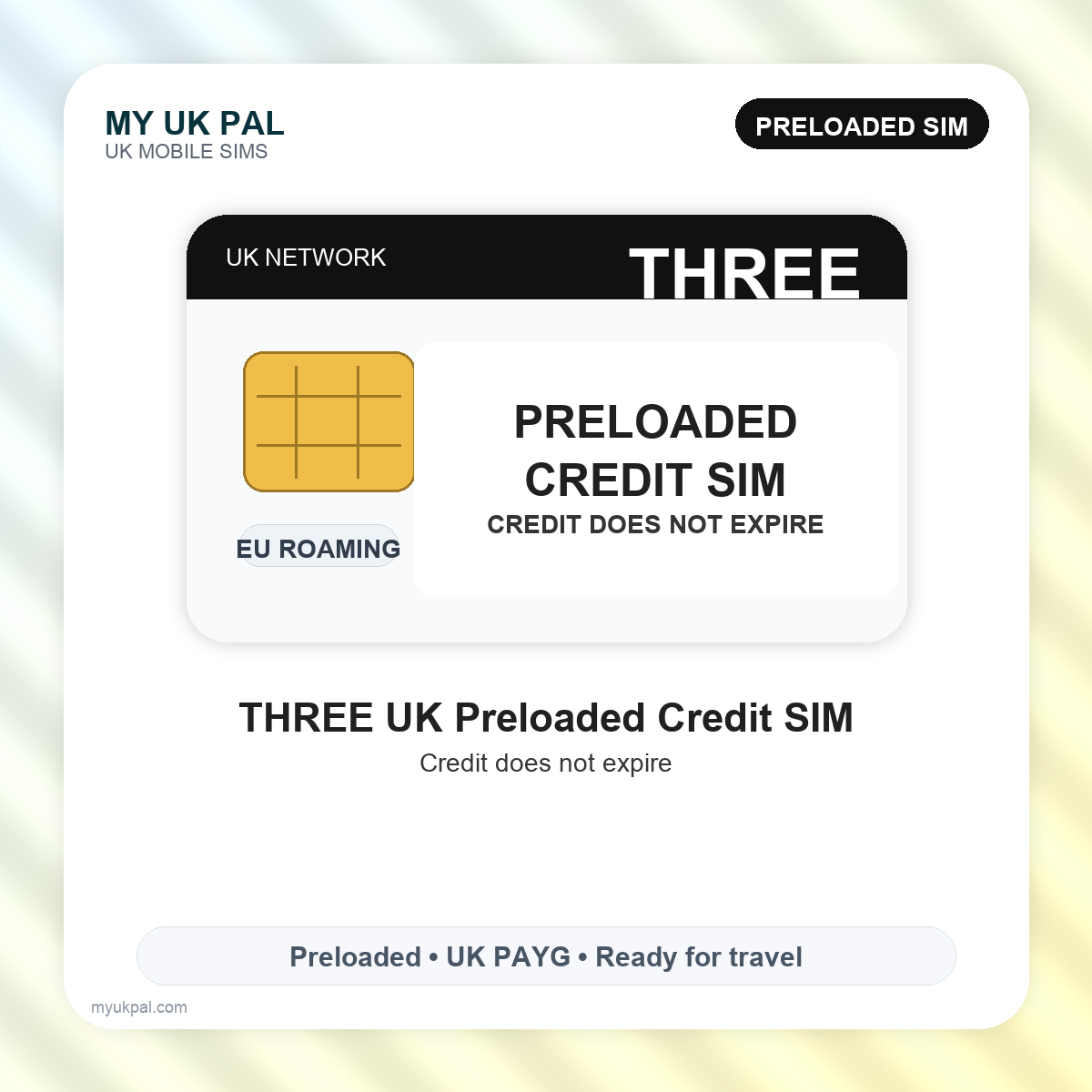 £10 Three Preloaded UK Network Pay As You Go SIM Card - CREDIT DO NOT EXPIRE