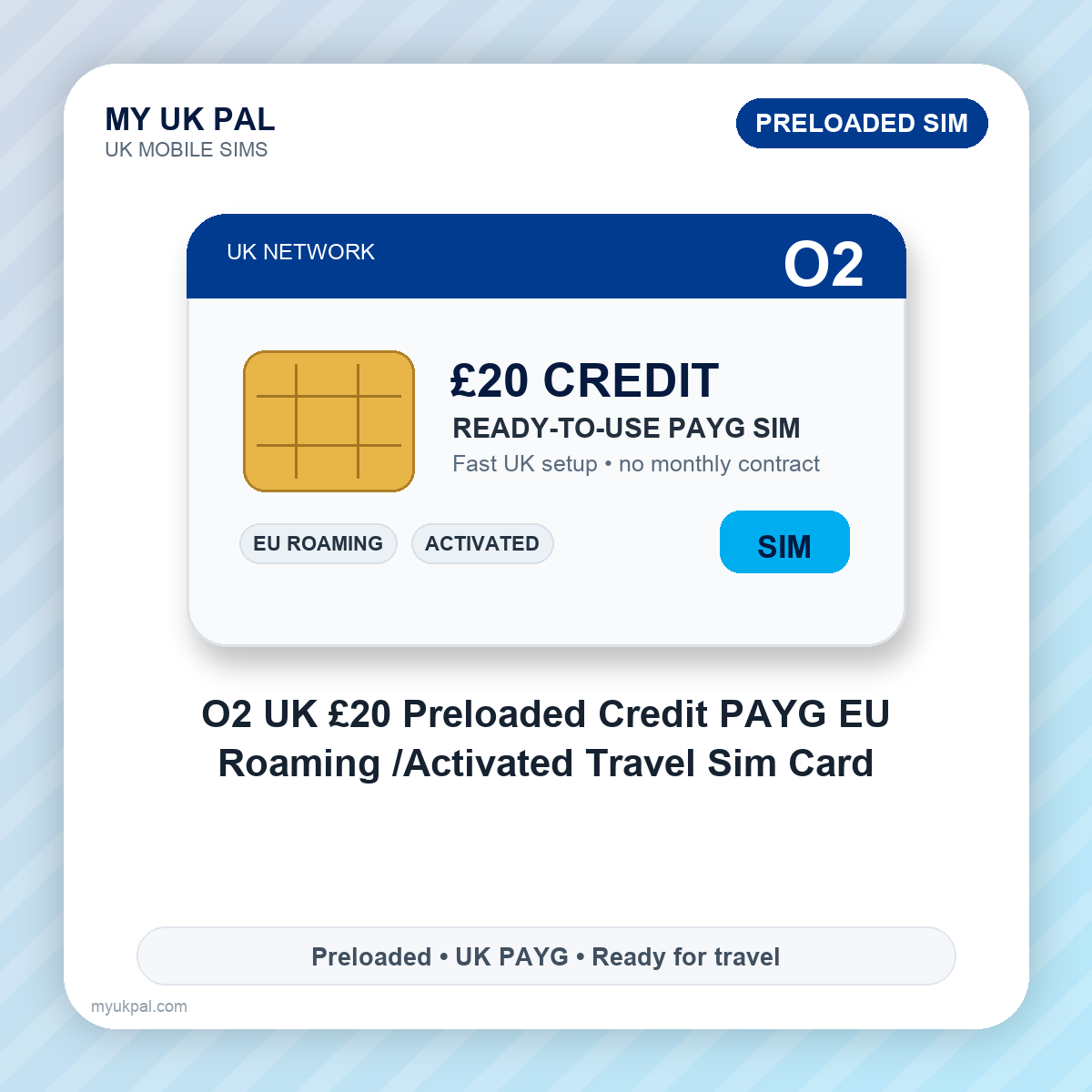 O2 UK £20 Preloaded Credit Pay As You Go EU Roaming /Activated Travel Sim Card
