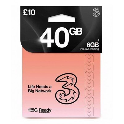 Three Preloaded Data SIM - 40GB Data PAYG